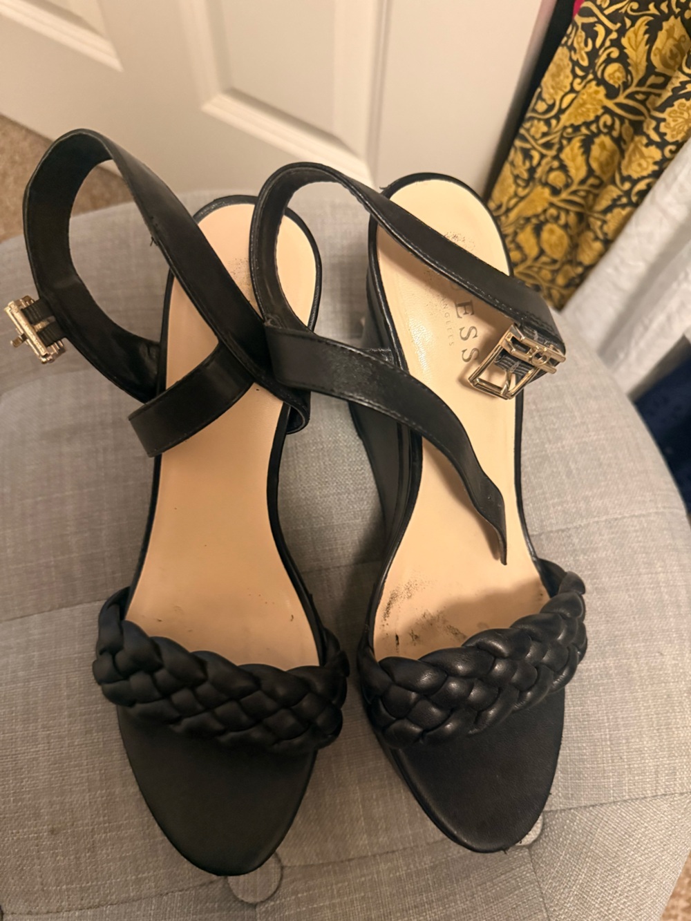 Guess Black Braided Front Strap Sandals with Gold Buckle